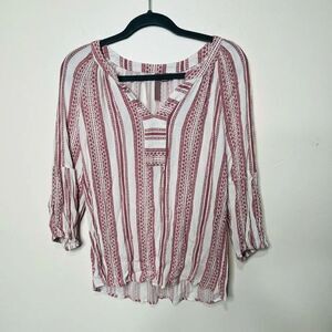 Brina & Em Brick Red White Boho Peasant Shirt 3/4 Sleeve Sz M